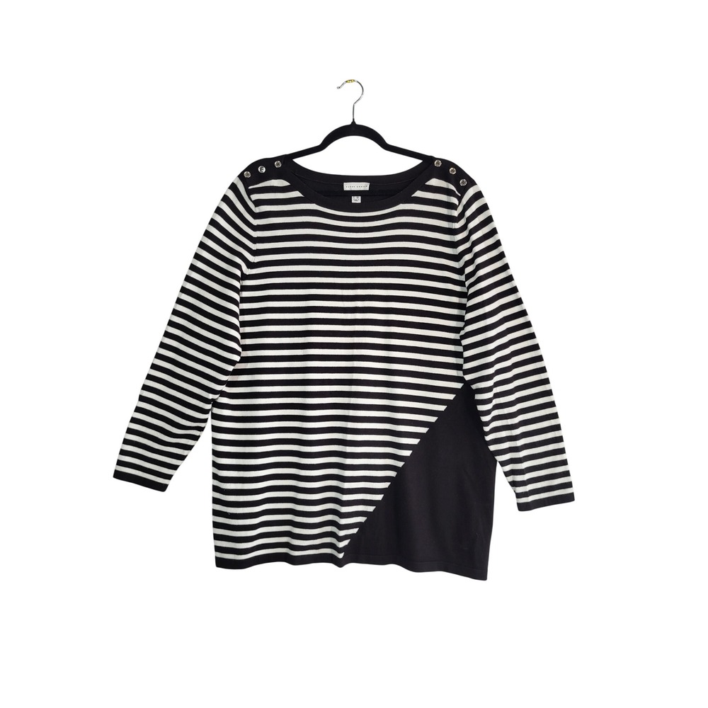 Susan Graver Striped Sweater 2X Black White Boatneck Button Shoulder Nautical